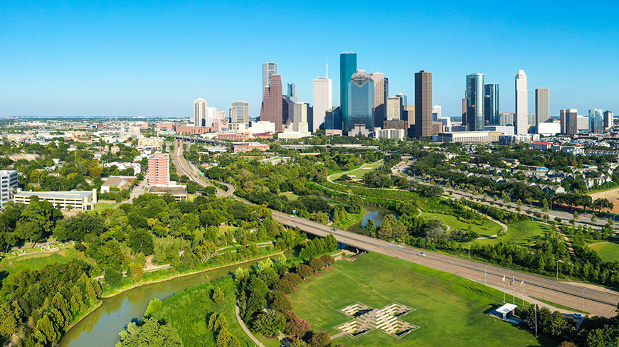Aerial photo of the Houston, TX skyline